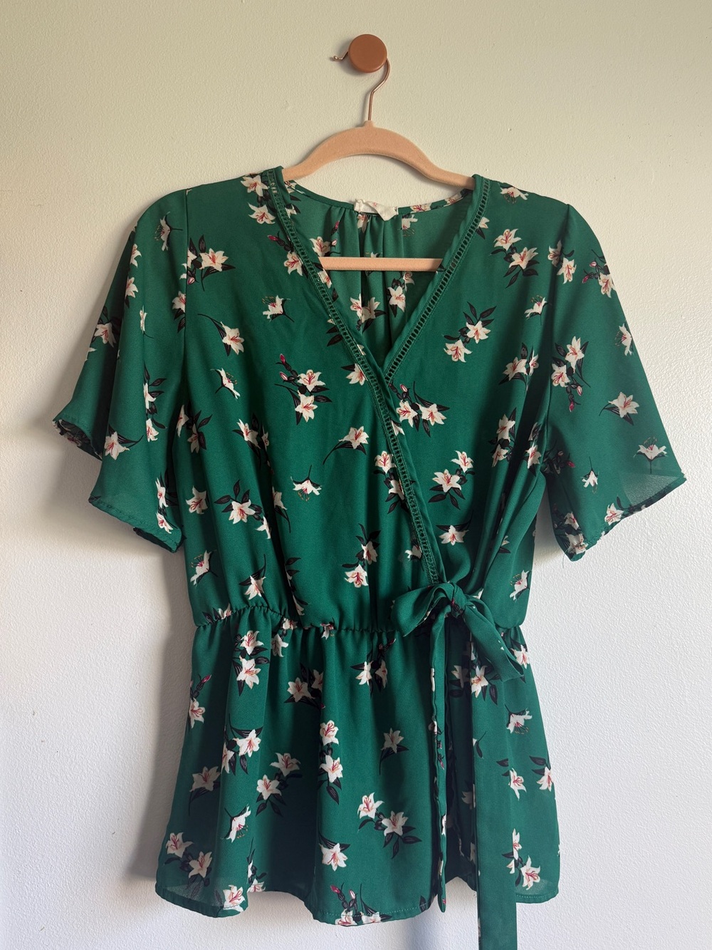 XL Sienna Sky Green Floral Wrap Peplum Blouse